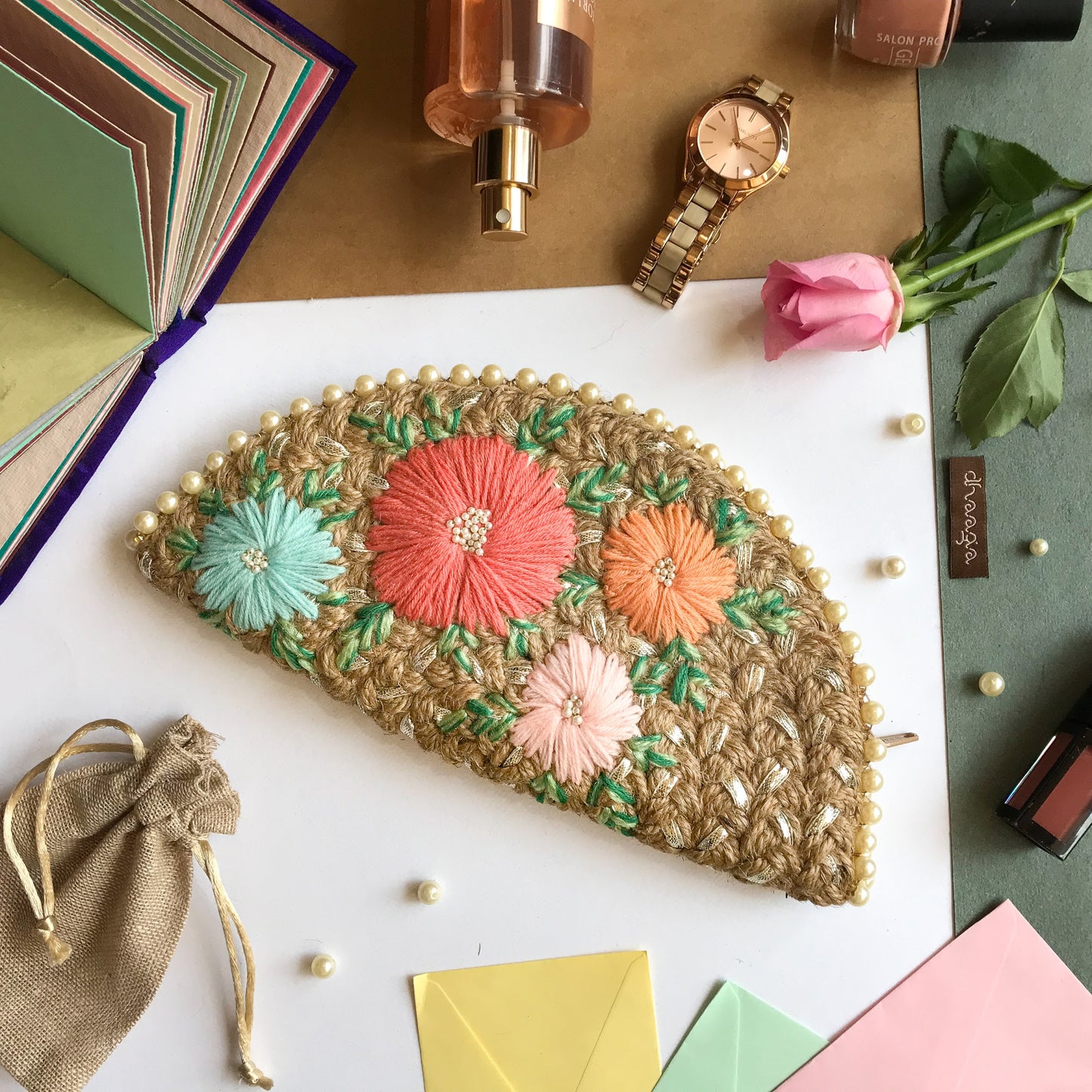 Pastel Bouquet In Silver Half Moon Clutch Bag