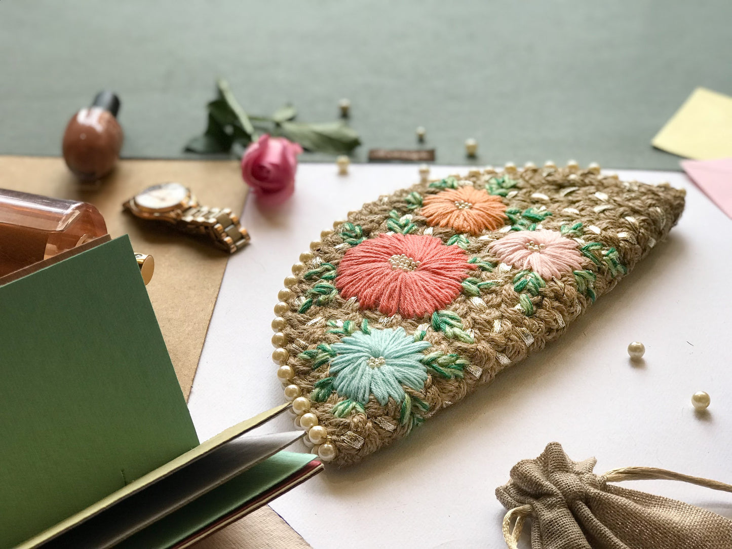 Pastel Bouquet In Silver Half Moon Clutch Bag