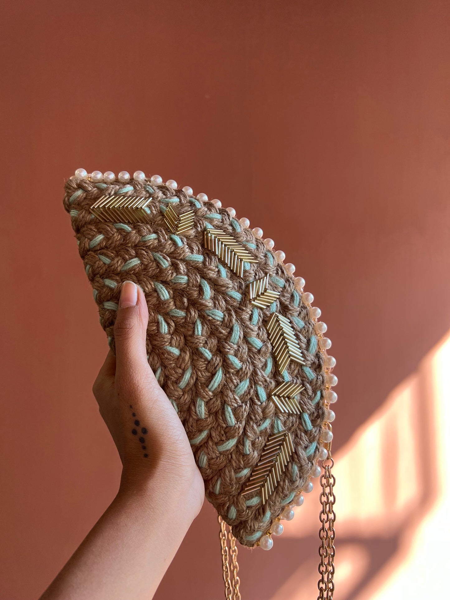 Starlight Mint Half Moon Bugle Beads Clutch Bag