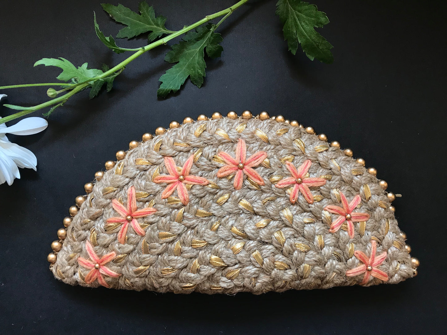 Peach Canadian Lily Gold Half Moon Clutch Bag