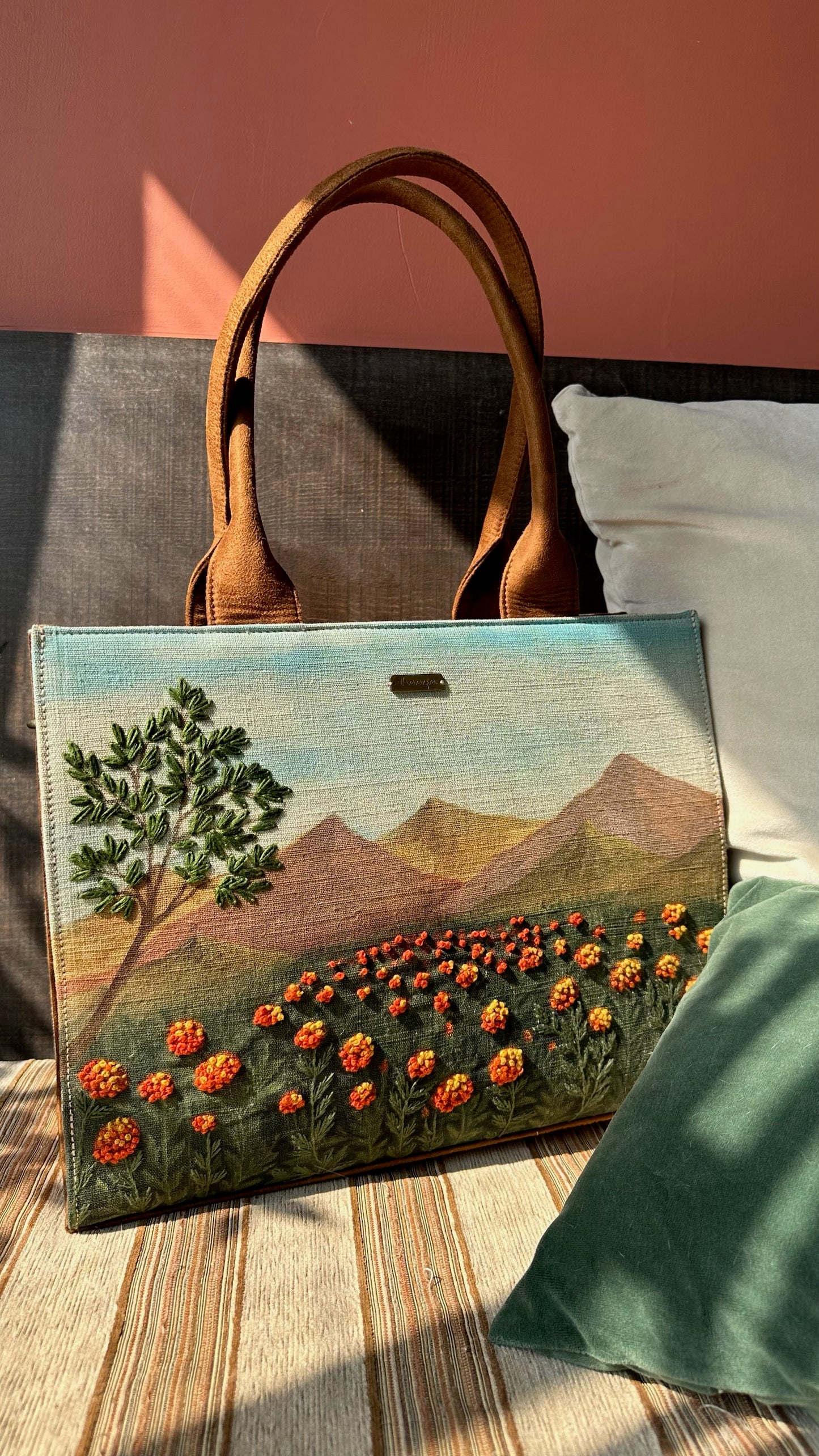 Marigold Tote Bag ~ Hand-painted and Hand-embroidered