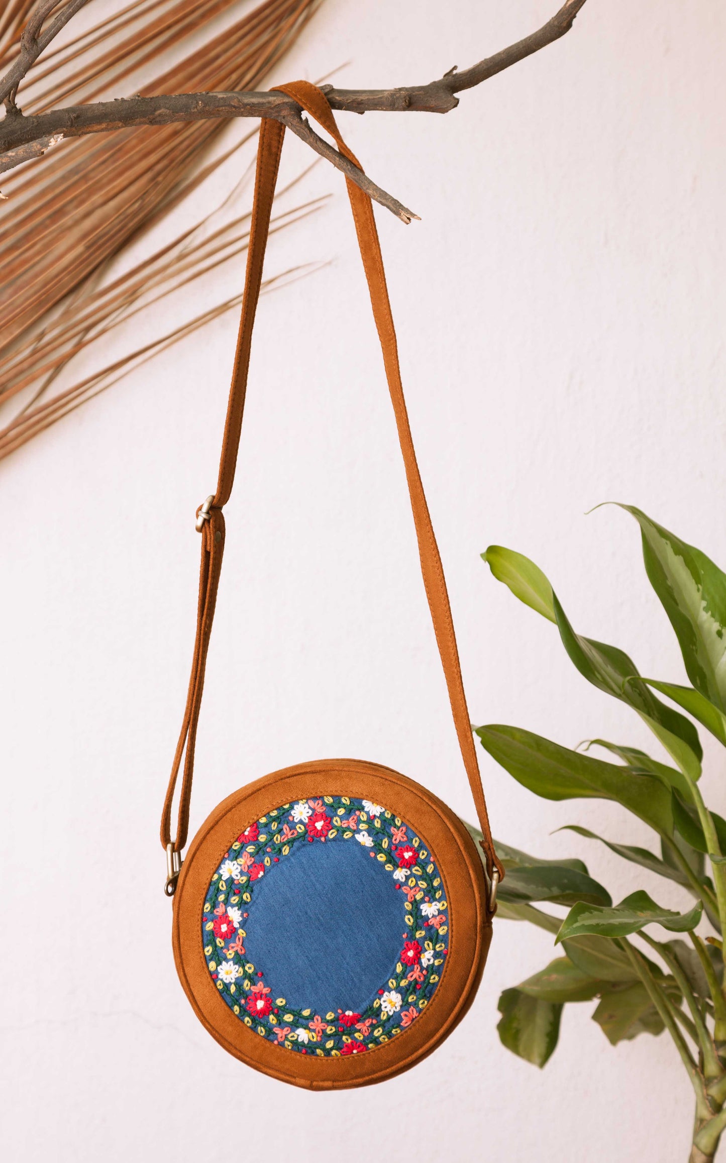 Tan Brown and Denim Floral Round Sling Bag