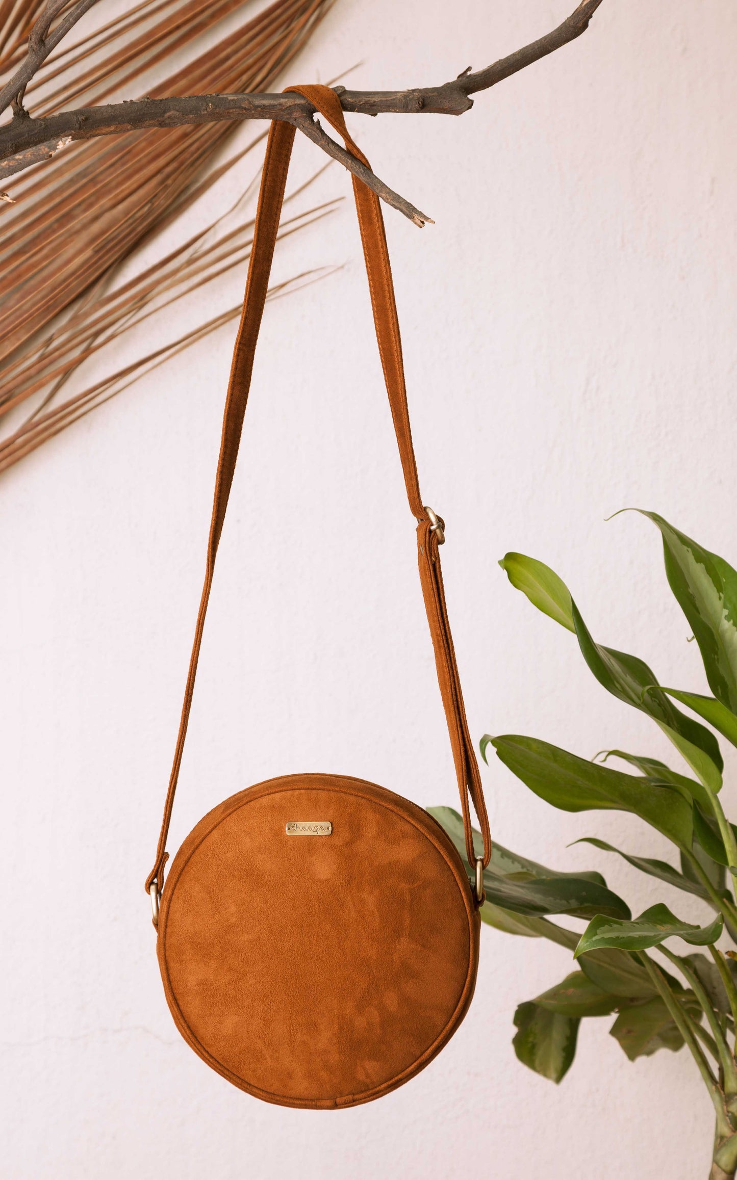 Tan Brown and Denim Floral Round Sling Bag