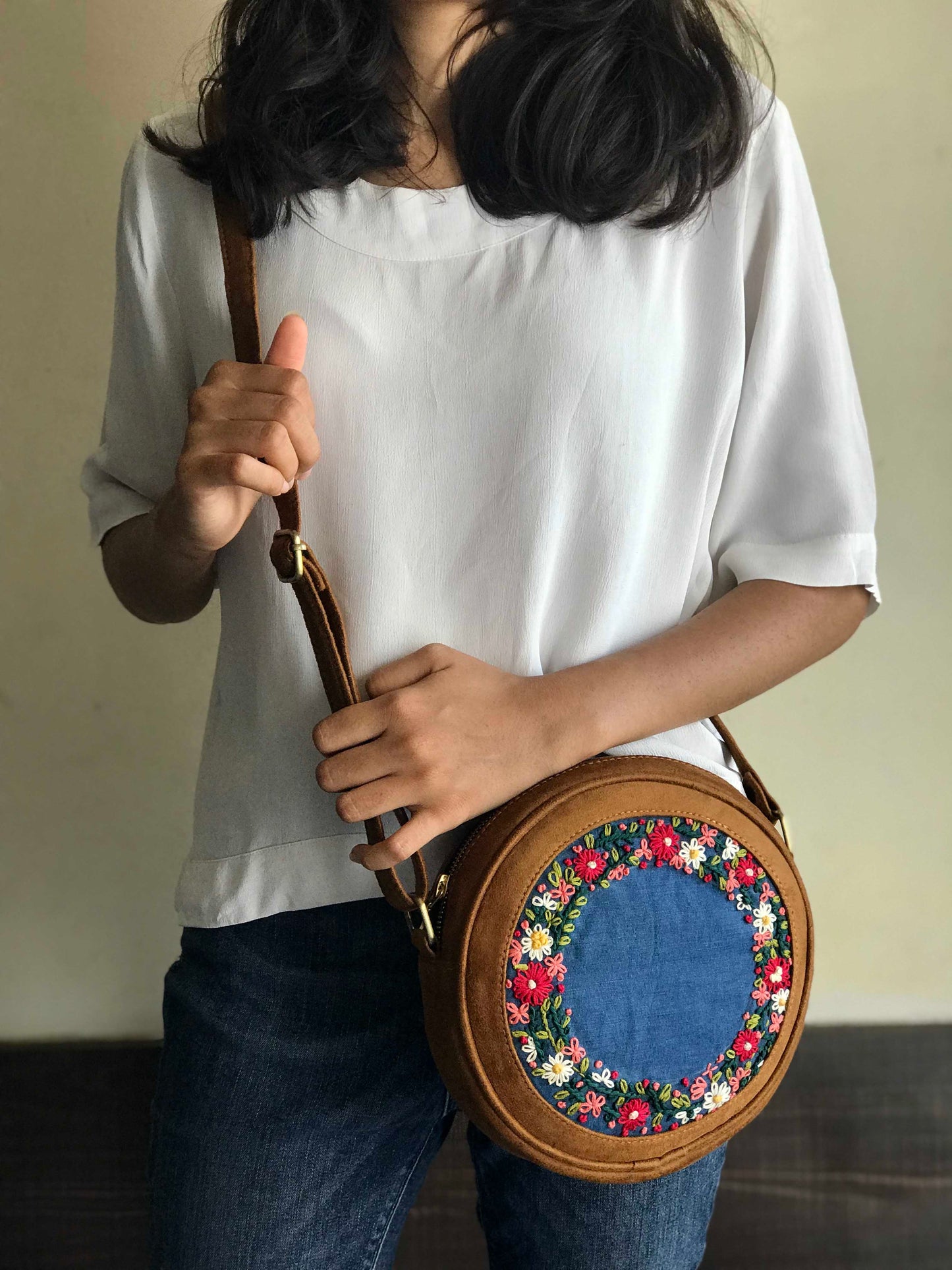 Tan Brown and Denim Floral Round Sling Bag