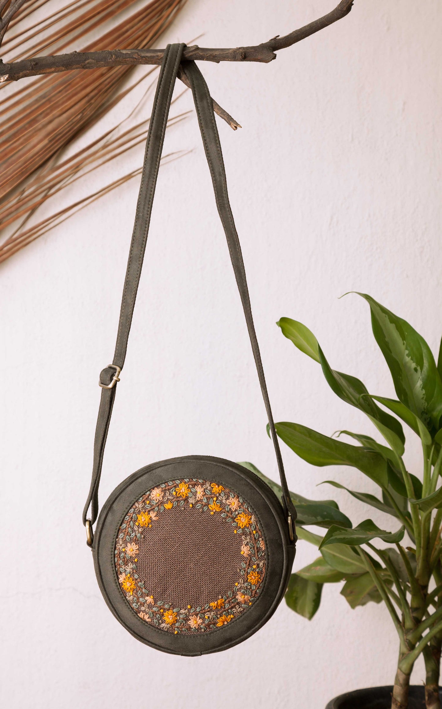 Olive and Brown Round Sling Bag
