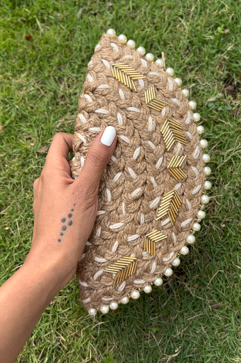 Starlight pearl white half moon bugle beads clutch