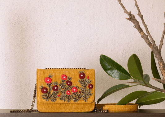 Red Buttercups on Mustard Yellow Flap Bag