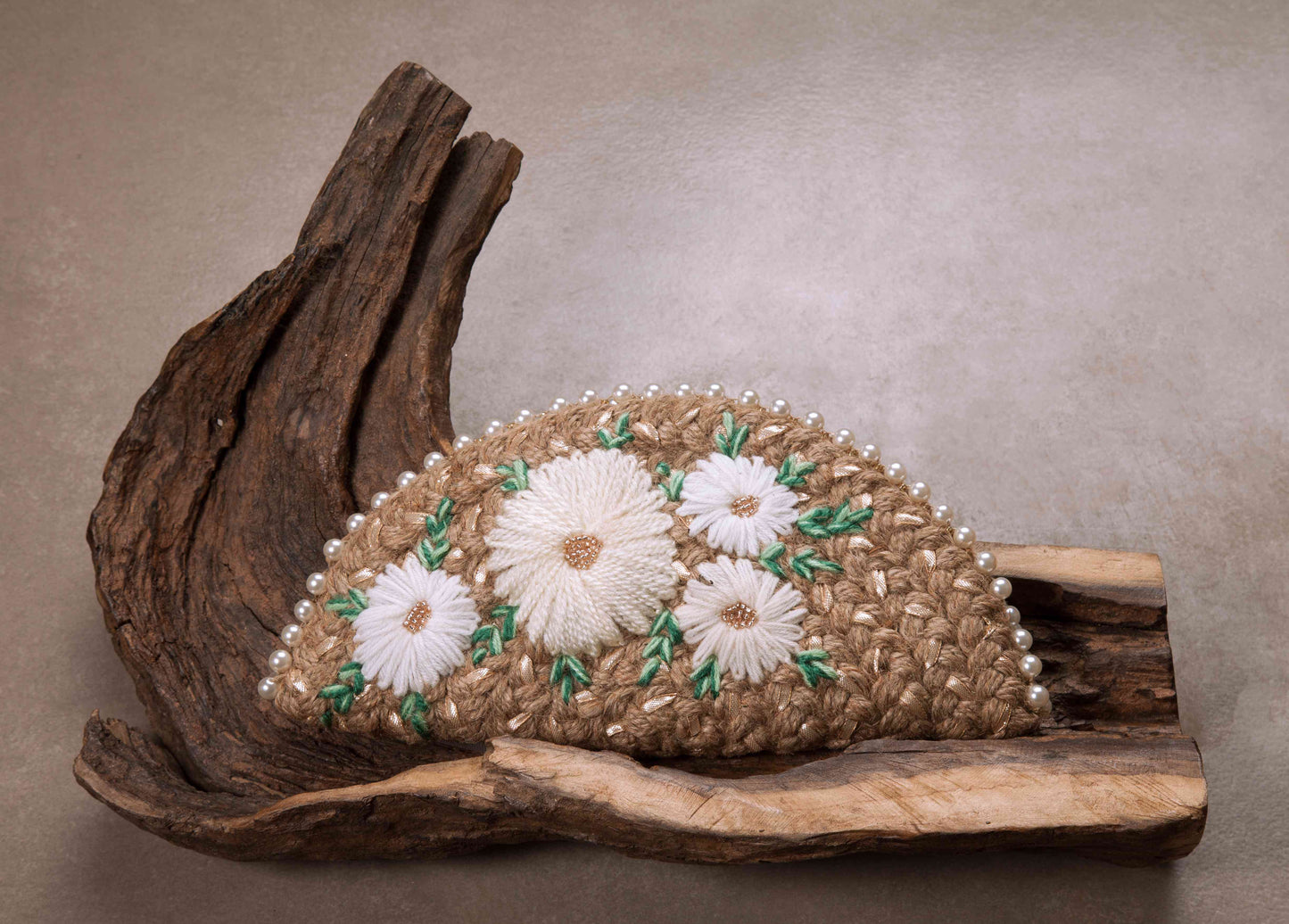 White Daisy Rose Gold Half Moon Clutch Bag