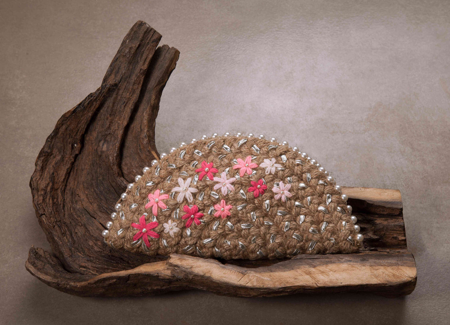 Pink Blossom Silver Half Moon Clutch Bag