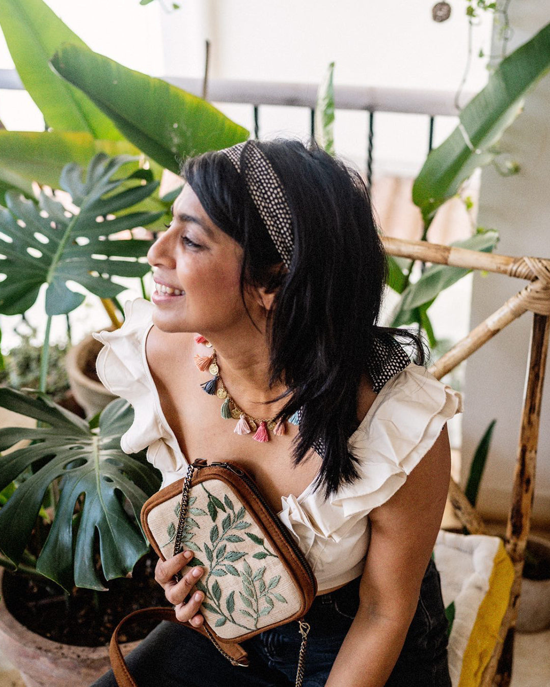 Leafy Vegan Suede Sling Bag