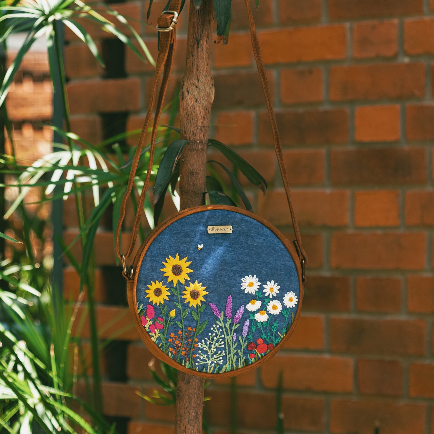 Bee and Wildflowers Denim Round Sling Bag