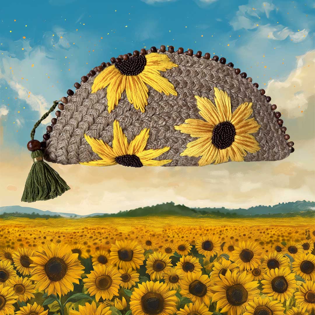 Large Sunflower Meadow half moon clutch bag