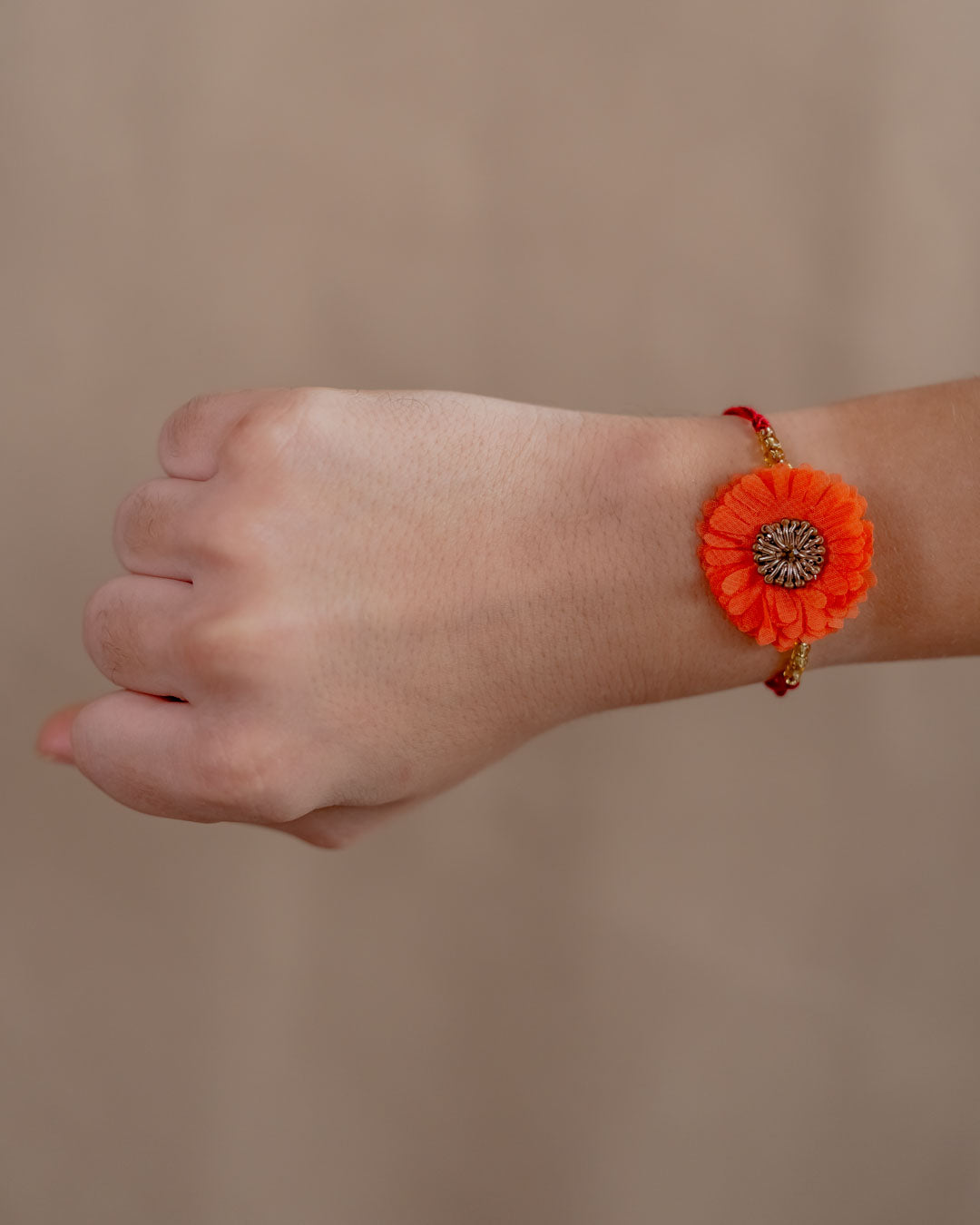 Dhaaga Floral Rakhi With Zardozi ~ Set Of 2 (Orange + Red)