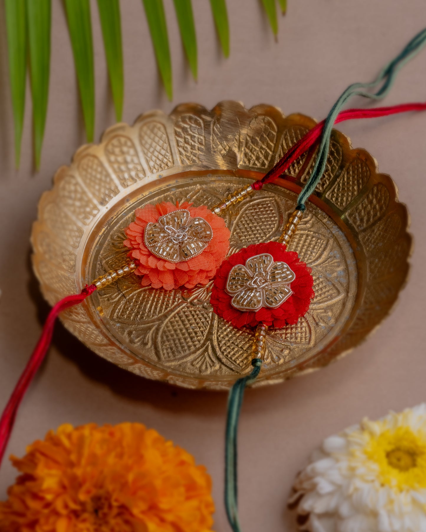 Dhaaga Floral Festive Rakhi ~ Set Of 2 (Red + Orange)