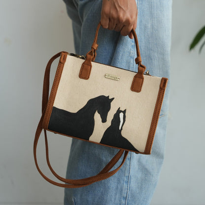 Person holding a handpainted - handbag with horse design against a plain background