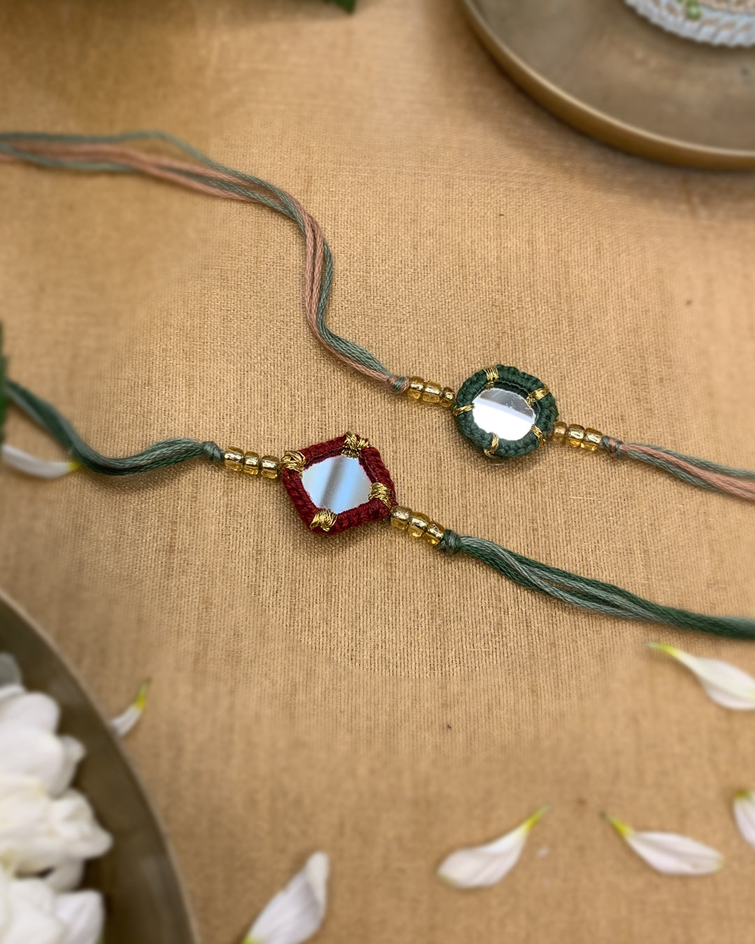 Maroon and Green Mirror Rakhis ~ Set of 2