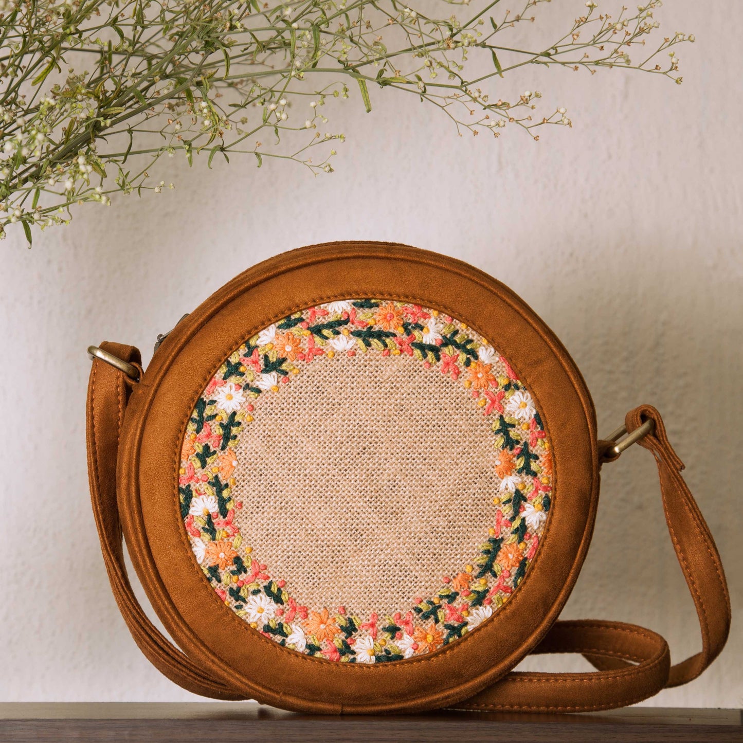 Tan and Floral Round Sling Bag - Main Image