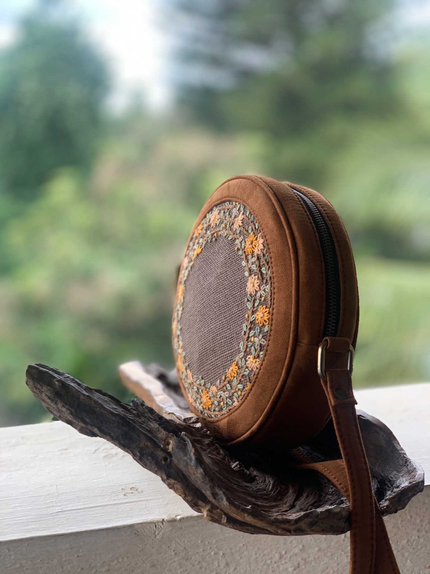 Autumn Brown Floral Round Sling Bag