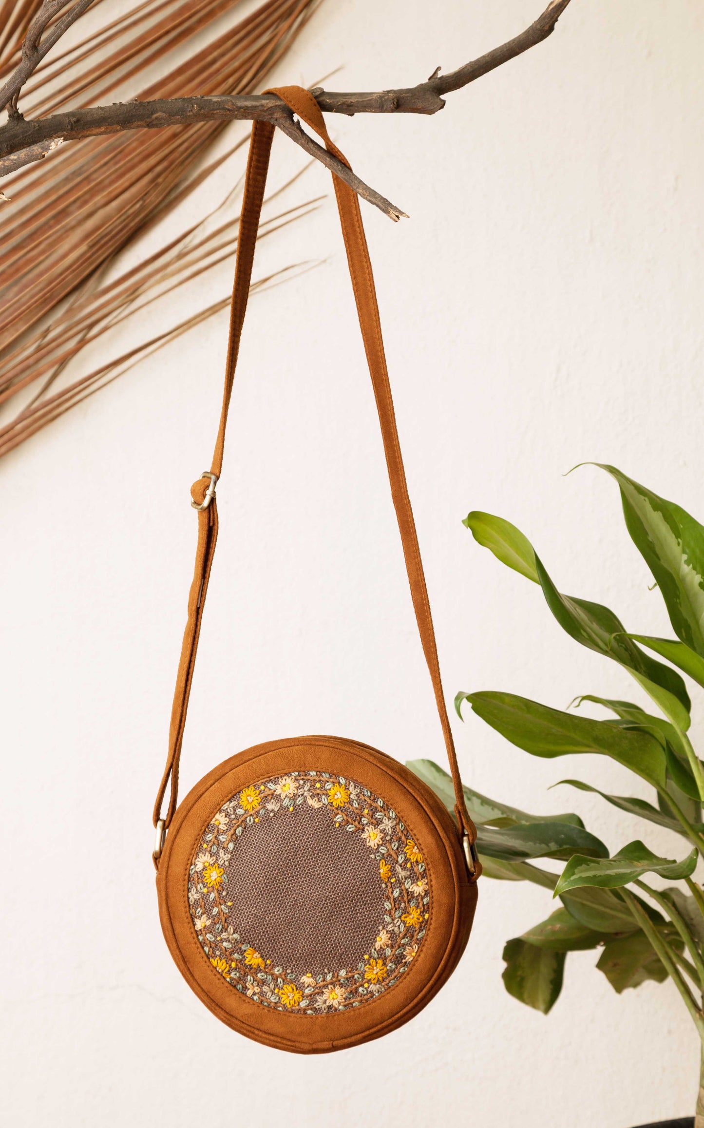 Autumn Brown Floral Round Sling Bag