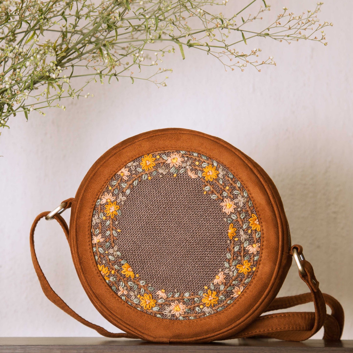 Autumn Brown Floral Round Sling Bag