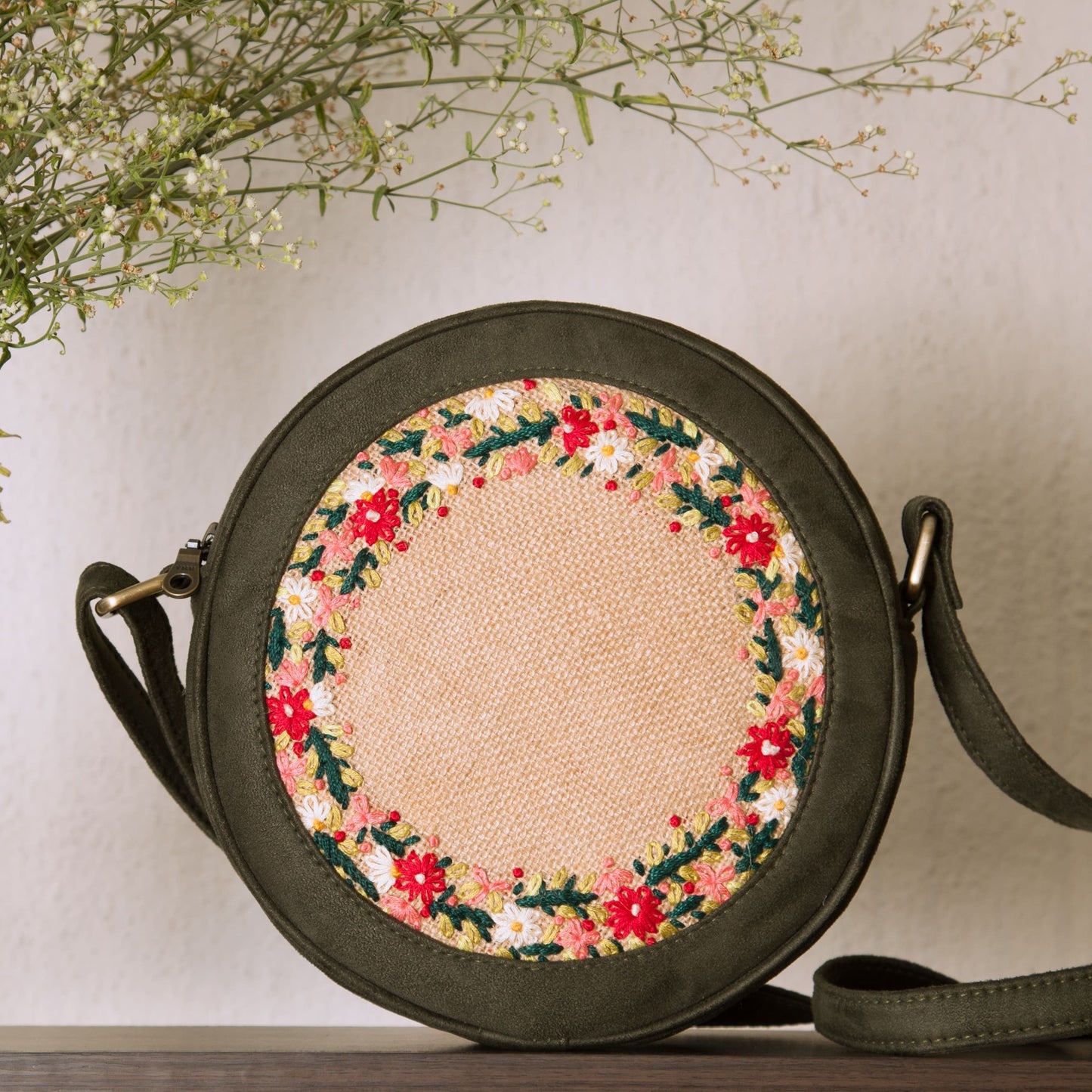 Olive and Jute Floral Round Sling Bag Dhaaga Life1