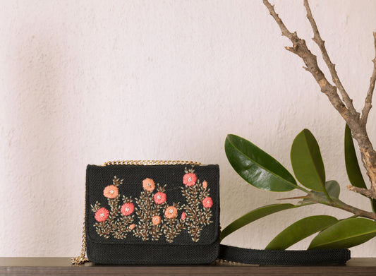 Pink Buttercups on Black Flap Bag