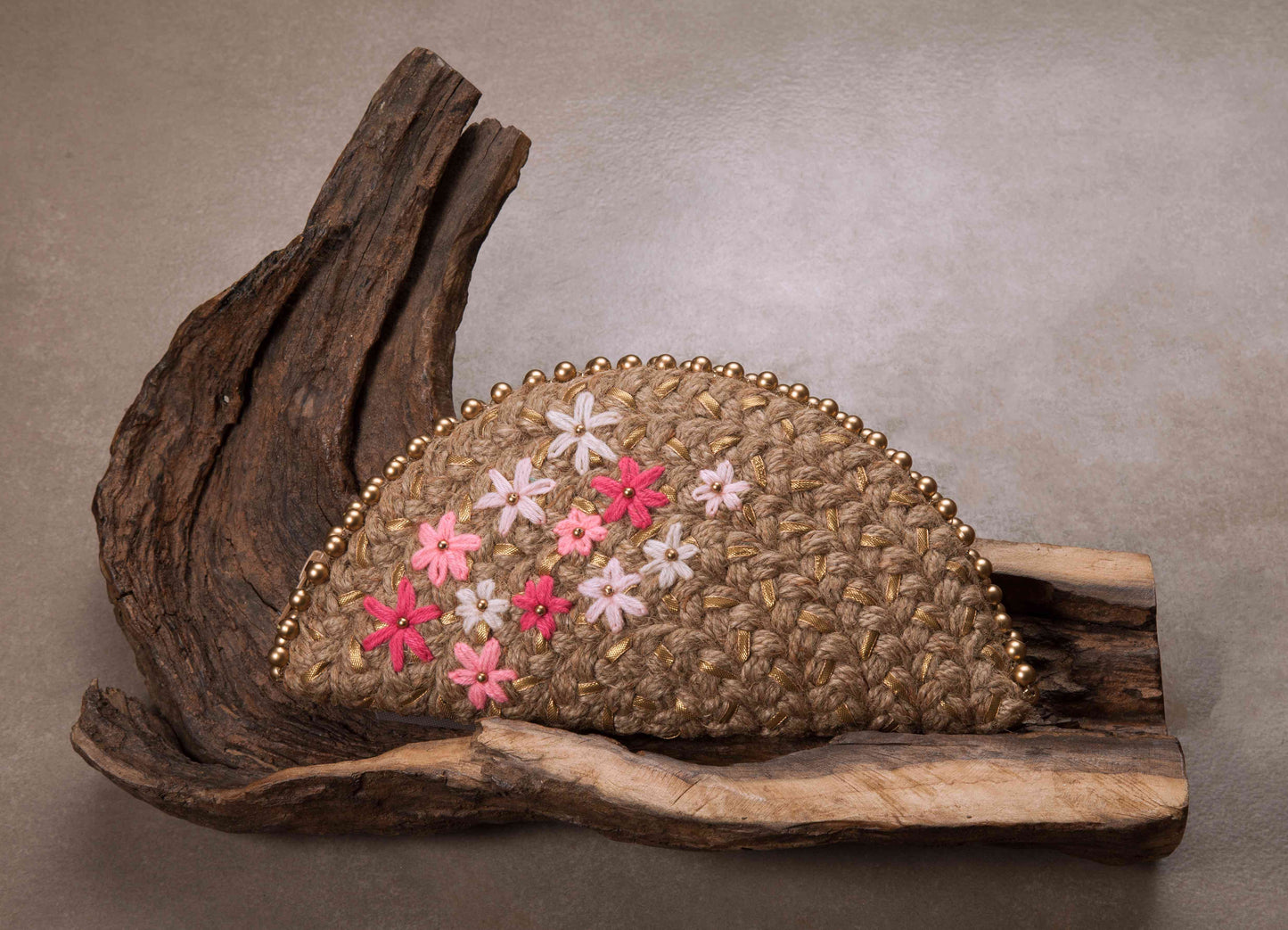 Pink Blossom Gold Half Moon Clutch Bag